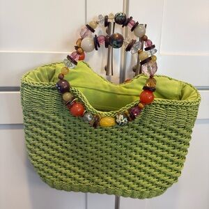 Cappelli Straworld Green Woven Handbag with Beaded Handle